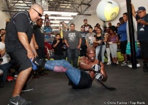 June 6, 2015, Indio,Ca.   --   Former two-division world champion and highly-rated pound for pound fighter TIMOTHY "Desert Storm" BRADLEY JR.  hosts a workout for hundreds of fans for his upcoming vacant WBO welterweight title fight against undefeated WBA super lightweight world champion JESSIE VARGAS, Saturday, June 27, under the stars at StubHub Center in Carson, Calif.  The Southern California natives' fight will be televised live on HBO World Championship Boxing, beginning at 9:45 p.m. ET/PT.           Promoted by Top Rank®, in association with Tecate, tickets to the Bradley vs. Vargas welterweight championship event are priced at $150, $75, $50 and $25, (plus applicable taxes and fees), tickets can be purchased online at http://www.axs.com, by telephone at (888) 929-7849 or at the StubHub Center box office, Monday - Friday, 10:00 a.m. to 6:00 p.m.     ---   Photo Credit : Chris Farina - Top Rank (no other credit allowed)  copyright 2015